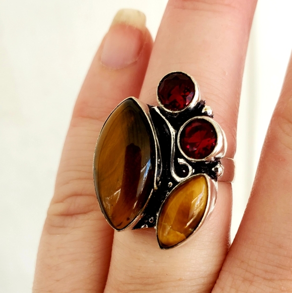 New Beautiful Tiger Eye & Garnet 925 Silver Ring. - Picture 4 of 8